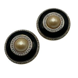 Classic Carolee Vintage Black Enamel Faux Mabe’ Pearl Rhinestone Earrings